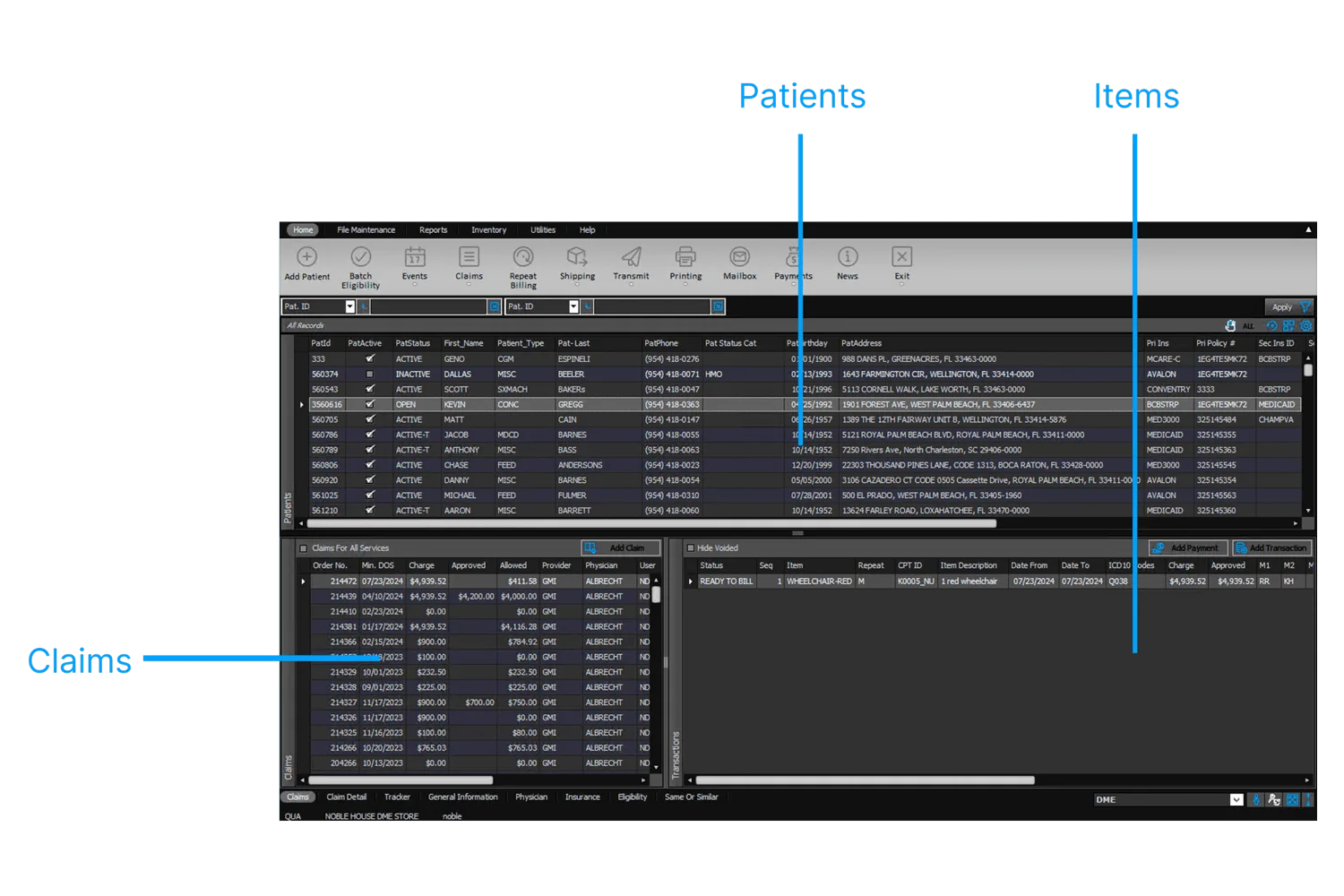 The Noble*Direct patient screen: a list of patients with status, name, date of birth and address, with claims for all services listed underneath.