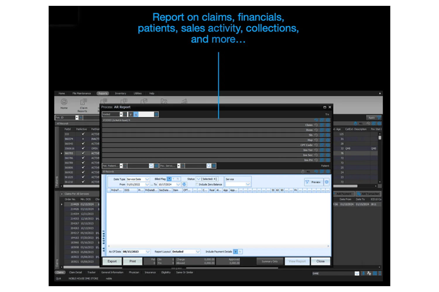 The Noble*Direct AR report builder, with date type, billed flag, status and service filters over a claims grid.