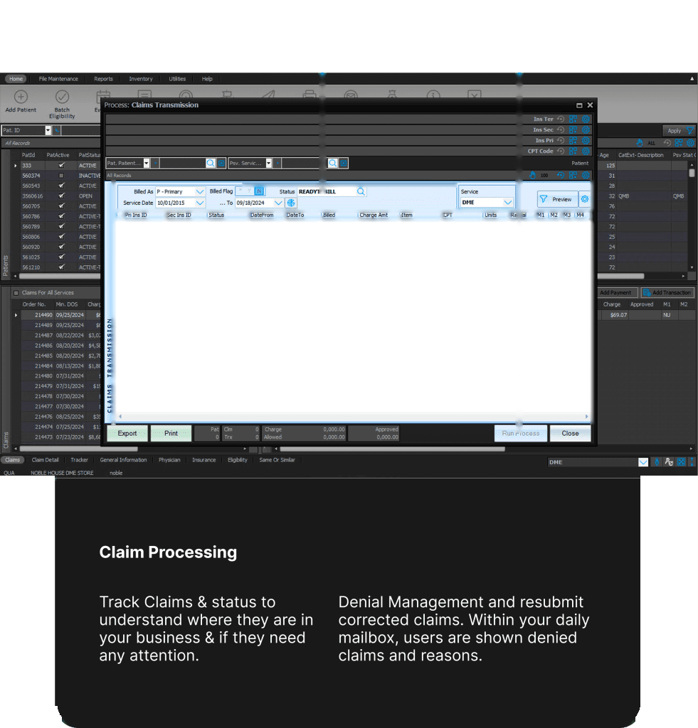 Noble*Direct claims transmission: a billing screen filtered by billed-as and status with primary, secondary, and tertiary insurance columns and export, print, and run-process controls.