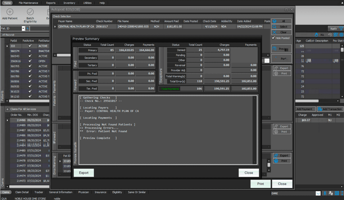 Autopost 835 EOB payment posting screen