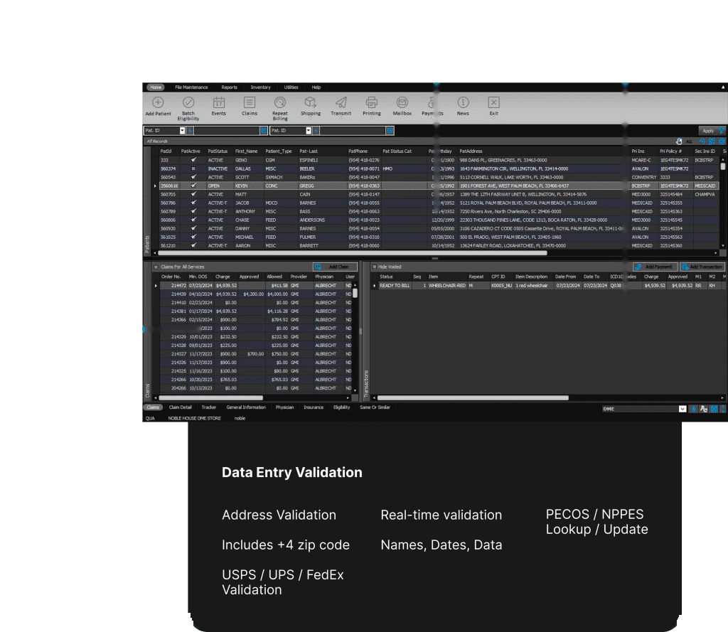 Noble*Direct intake: a patient records grid with demographics and payors across the top, the claims-for-all-services list at lower left, and line-item transactions at lower right, all in one window.