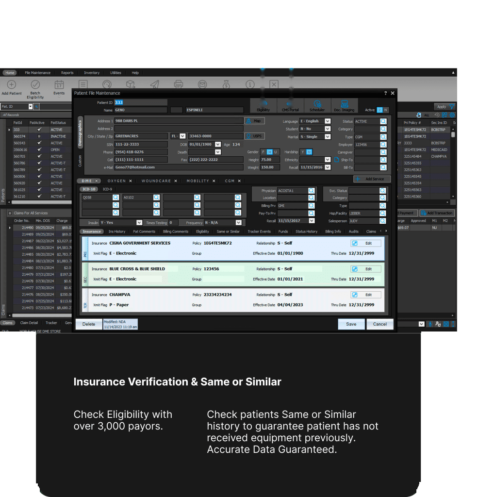 Insurance verification and Same or Similar screen