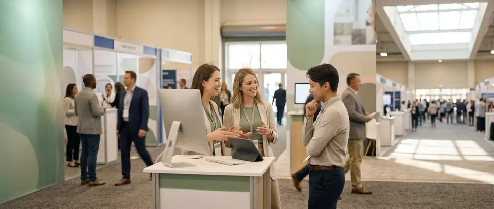 People talking at a stand on a trade show floor.