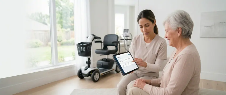 A care worker showing a tablet to a seated patient, with mobility equipment in the room.