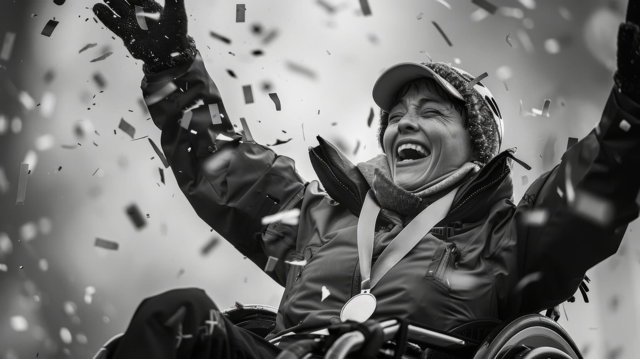 A wheelchair athlete in a winter jacket, a medal round her neck, laughing with both arms raised as confetti falls.