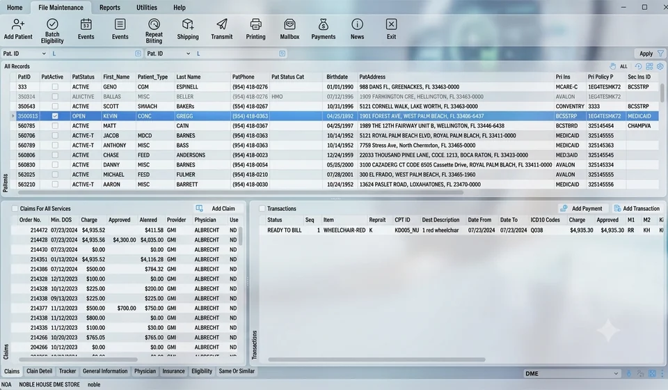 The Noble*Direct v11 workbench, with claims and transactions side by side.